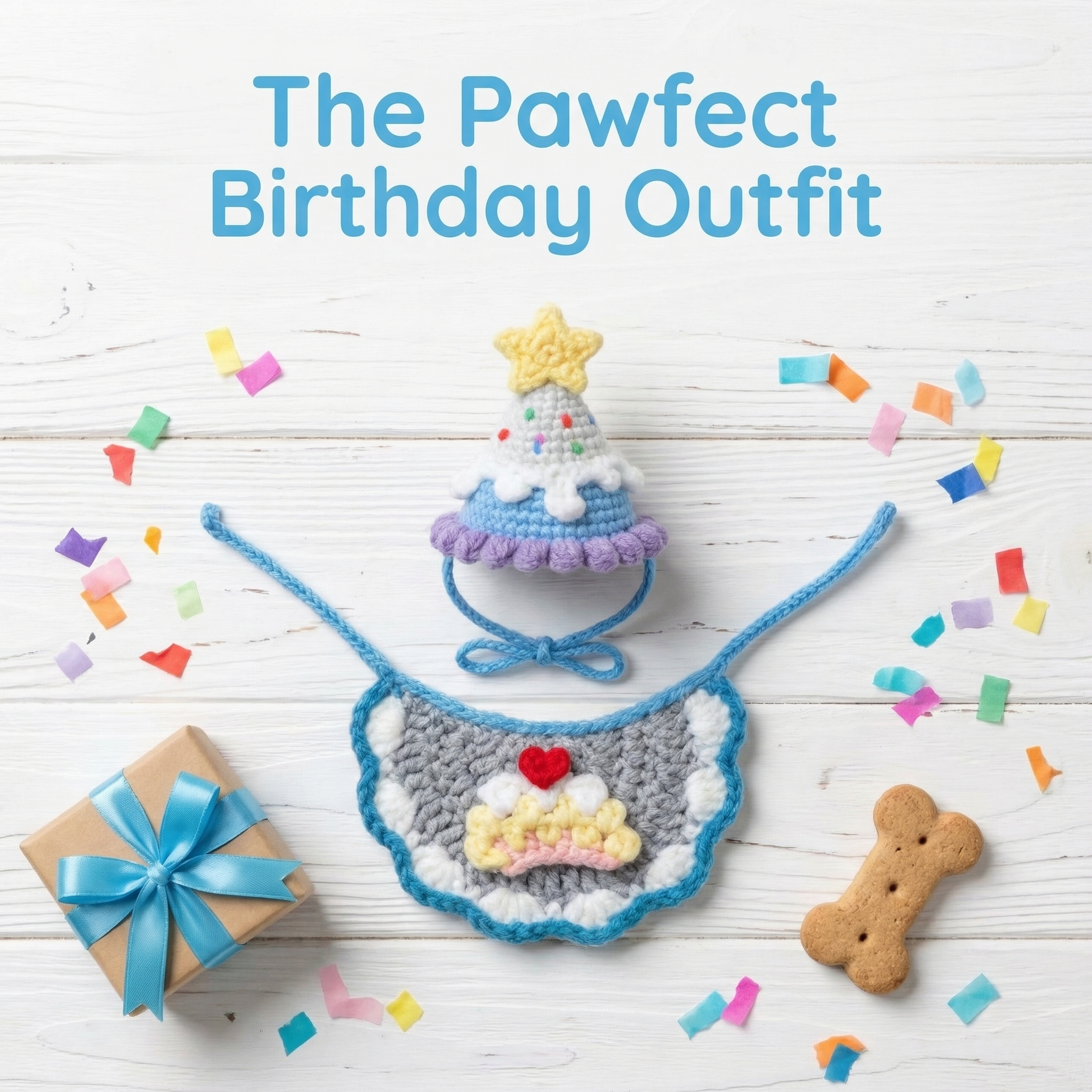Hand-crocheted pet birthday outfit set (party hat and bib) with cake and star design, laid flat on white wood with confetti, gift box and dog treat, "The Pawfect Birthday Outfit"
