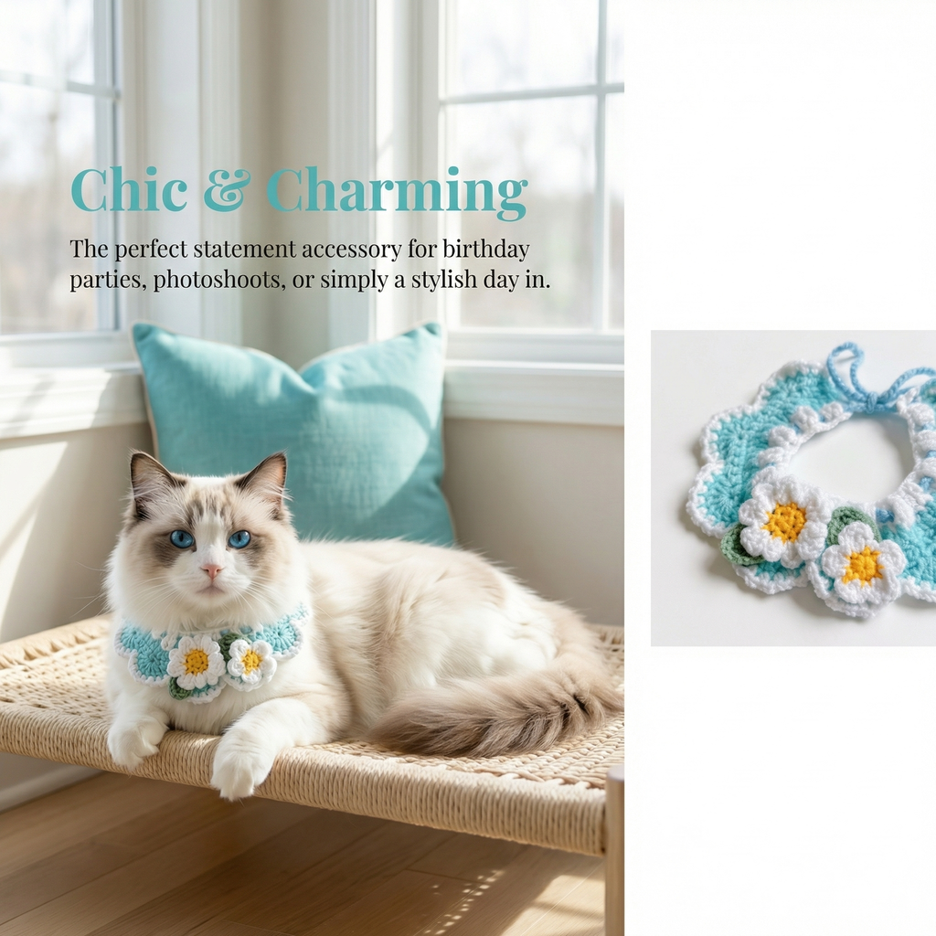 Hand-crocheted blue daisy cat collar, chic crochet pet bib for cats and small dogs, perfect handmade cat accessory for birthday parties, photoshoots, and stylish everyday wear