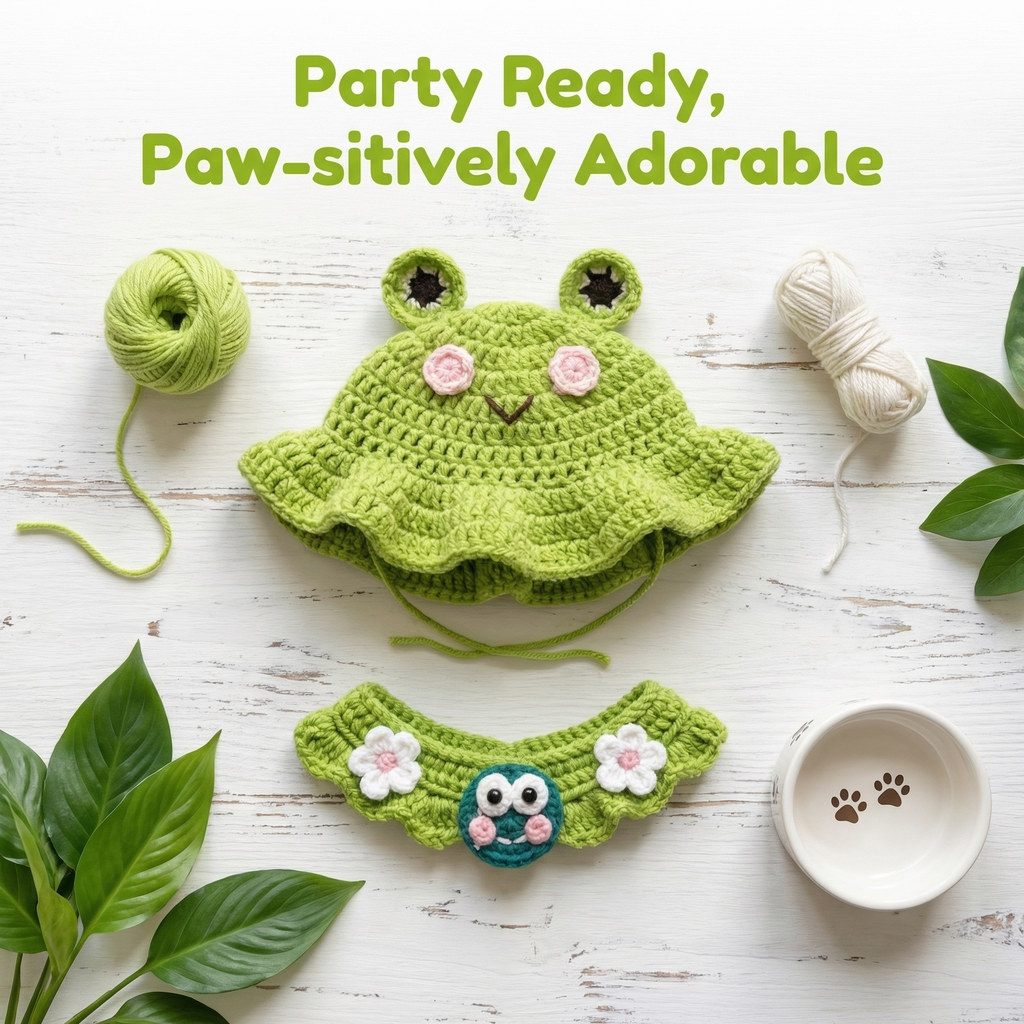 Handmade crochet frog pet hat and collar set, cute cartoon frog cat bandana, soft milk cotton handmade pet accessories, custom design available for cats and small dogs
