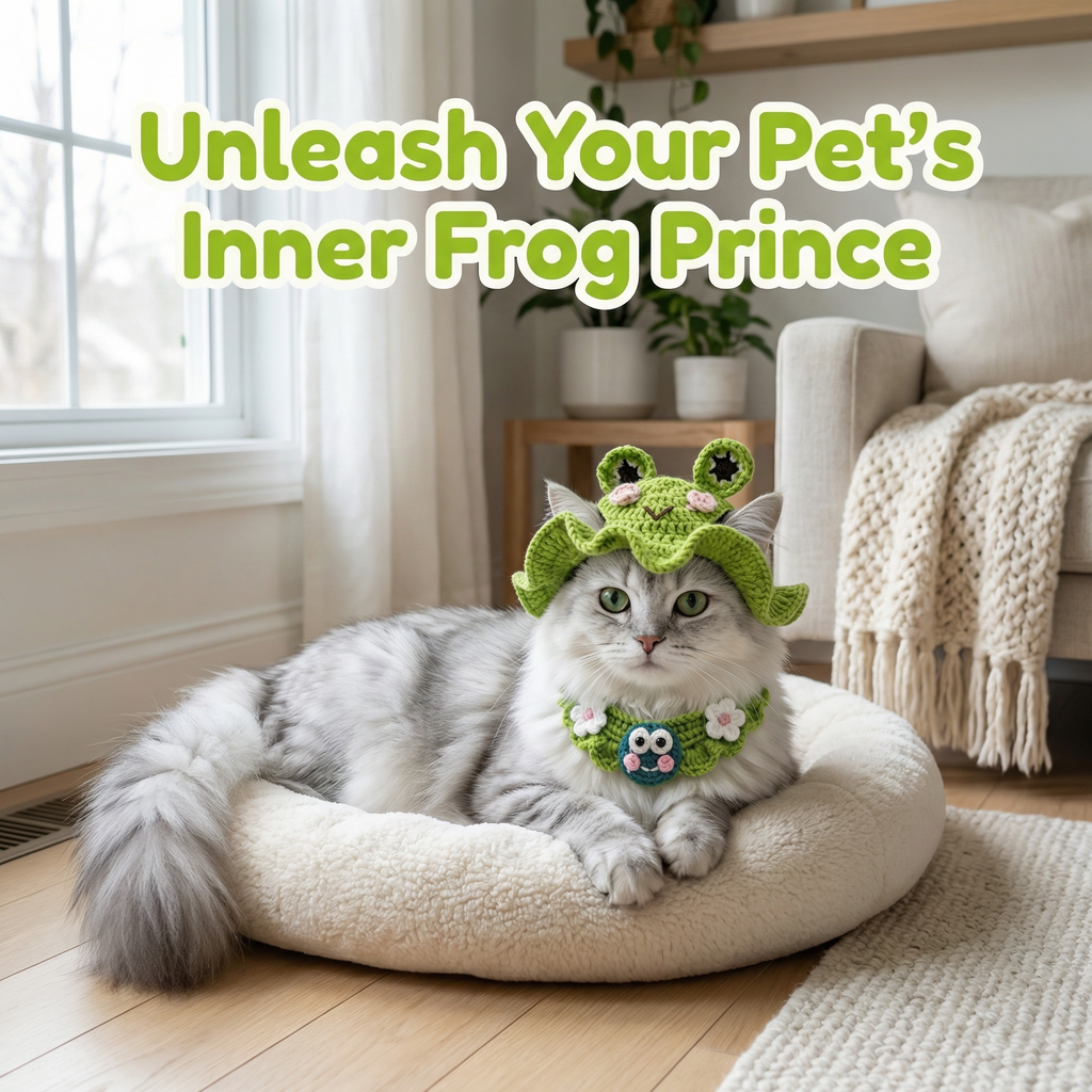 Adorable cat wearing handmade crochet frog hat and collar set, cute pet costume for photoshoots, custom handmade pet accessories for cats, kittens and small dogs
