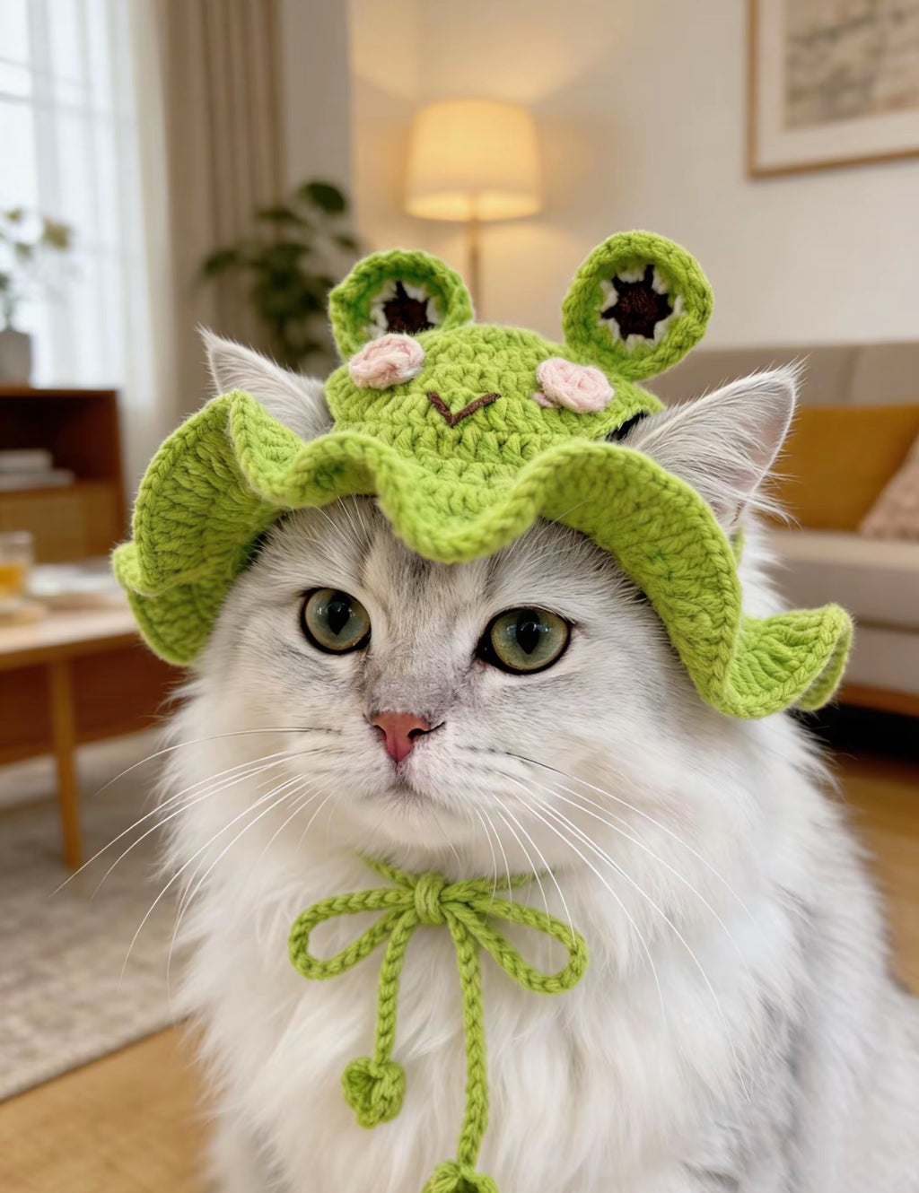 Handmade crochet frog pet hat and collar set for cats, cute 3D frog design adjustable cat hat, soft cotton yarn cat neckwear, custom handmade pet accessories for cats and small dogs