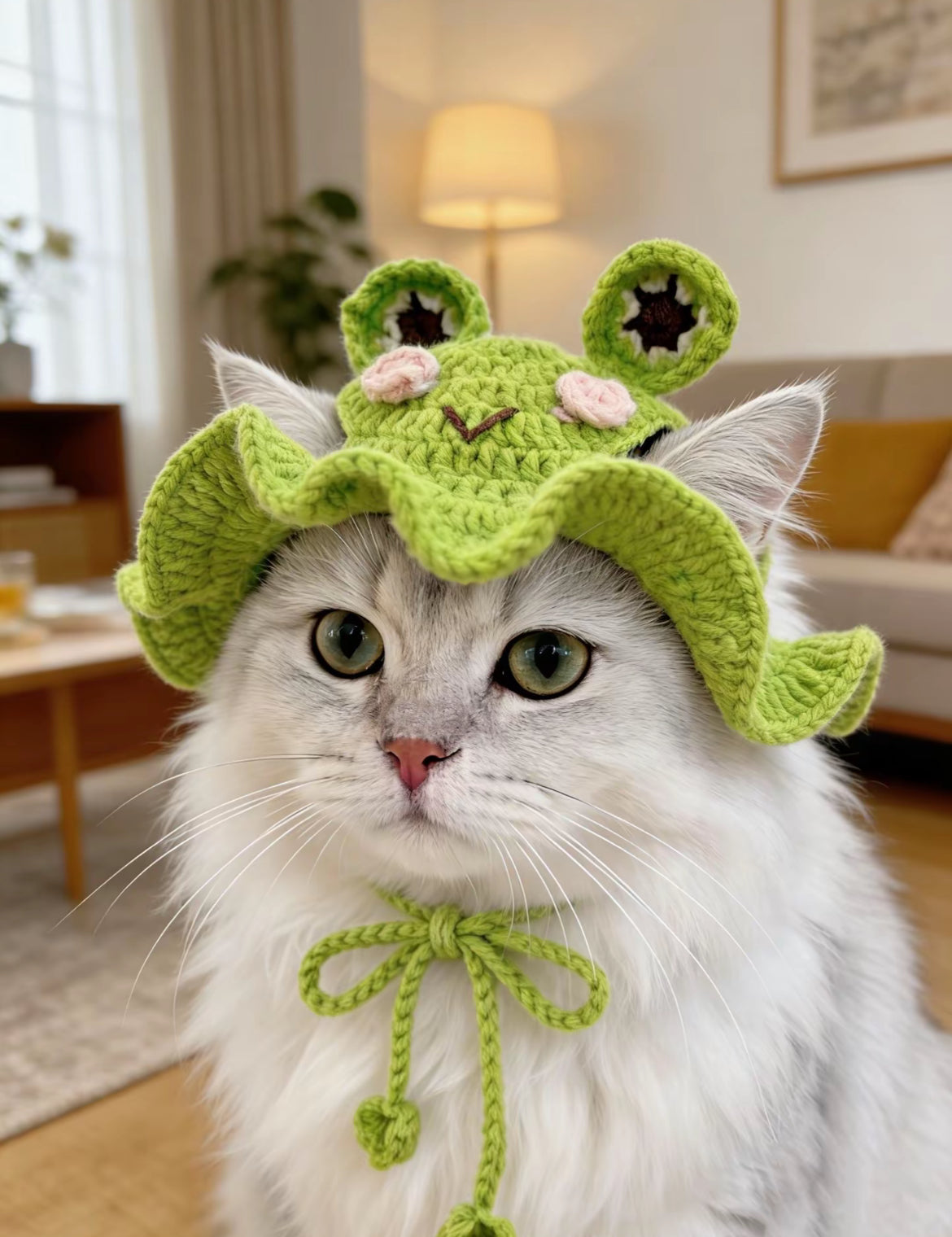 Handmade crochet frog pet hat and collar set for cats, cute 3D frog design adjustable cat hat, soft cotton yarn cat neckwear, custom handmade pet accessories for cats and small dogs