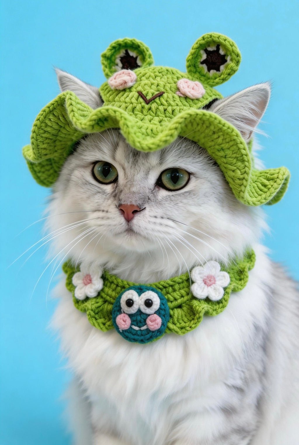 Handmade crochet frog pet hat and collar set for cats, cute 3D frog design adjustable cat hat, soft cotton yarn cat neckwear, custom handmade pet accessories for cats and small dogs