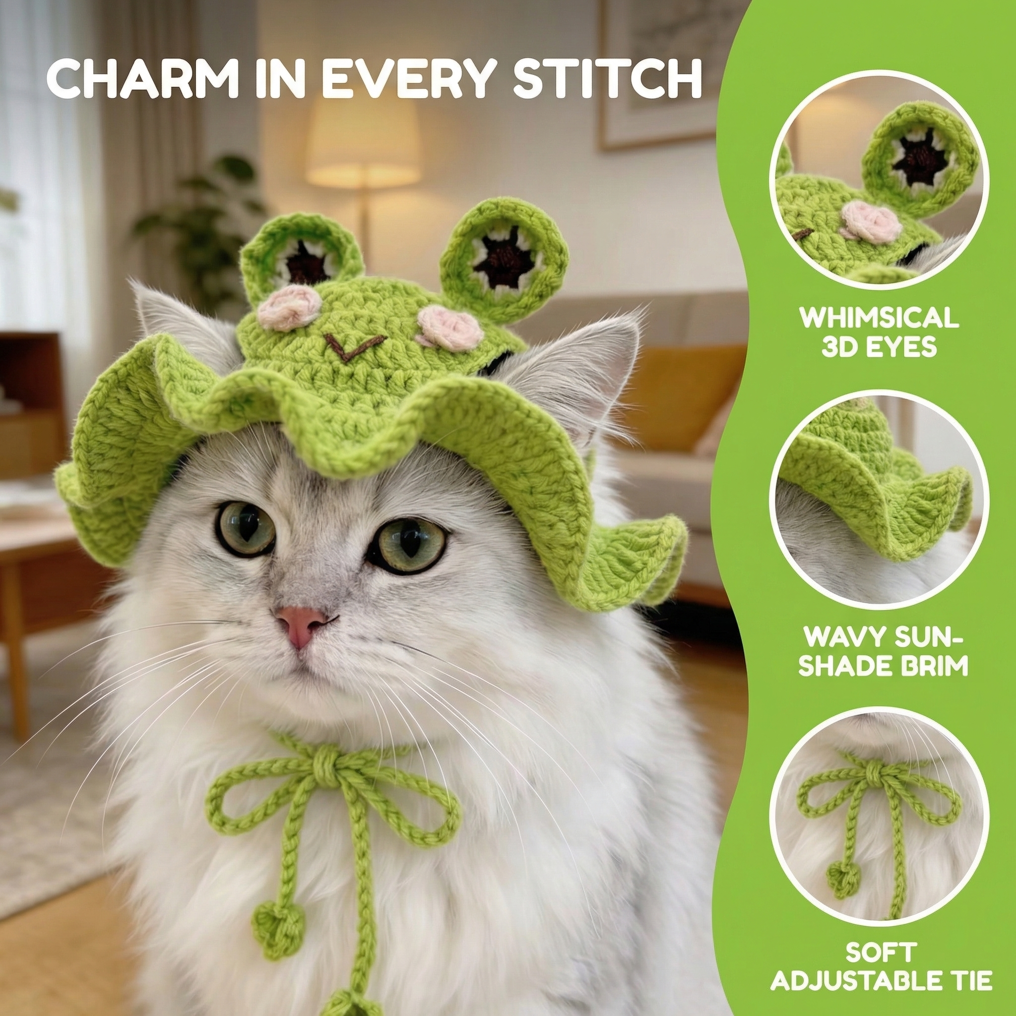 Handmade crochet frog pet hat infographic, 3D frog eyes, wavy brim, adjustable tie, soft cotton yarn cat hat, custom handmade pet accessories for cats and small dogs
