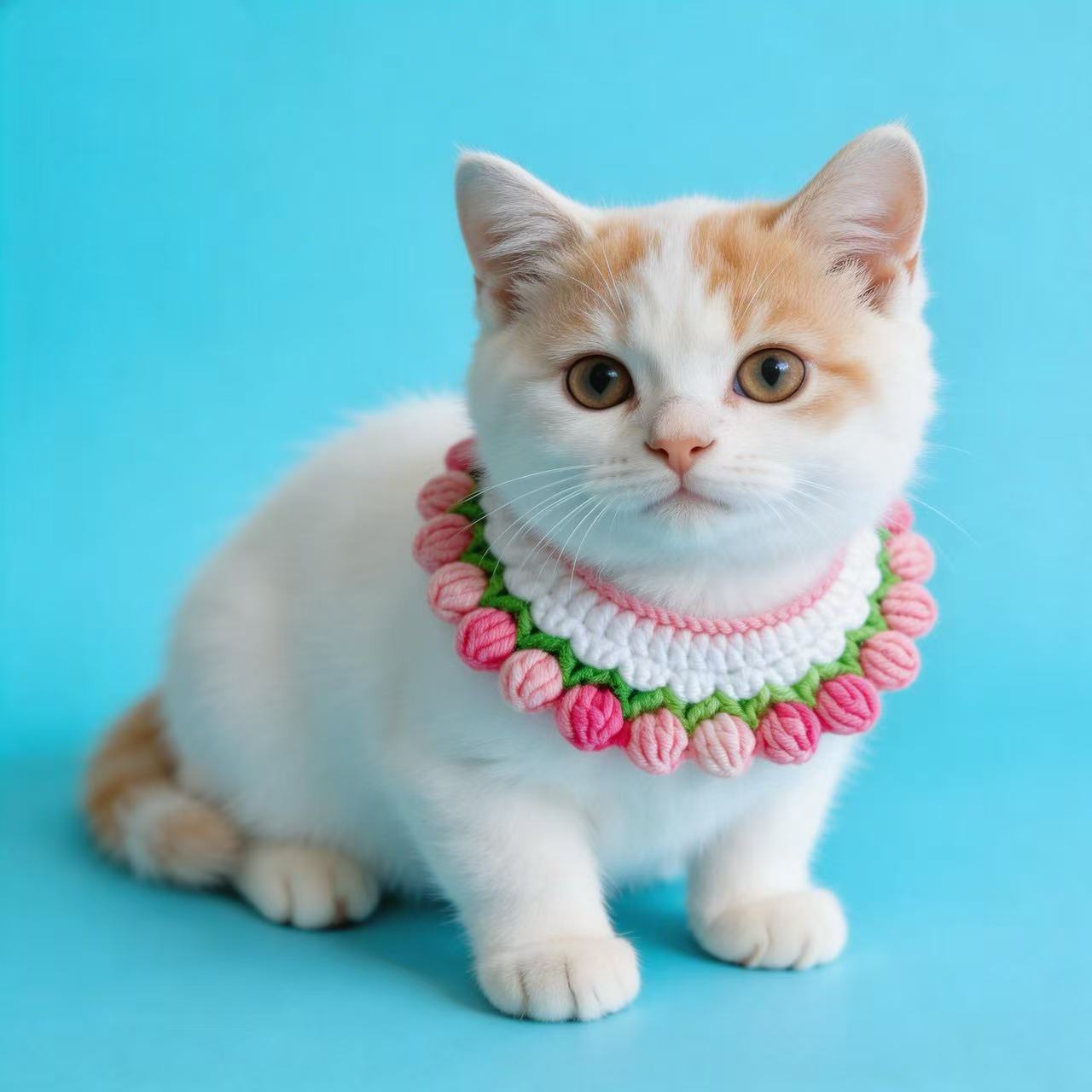 Handmade Crochet Kitten Collar with Pink Tulip Flowers, Cute Knitted Pet Neckwear for Cats & Small Dogs, Custom Hand Knit Cat Collar for Photo Shoots, Gifts for Cat Lovers