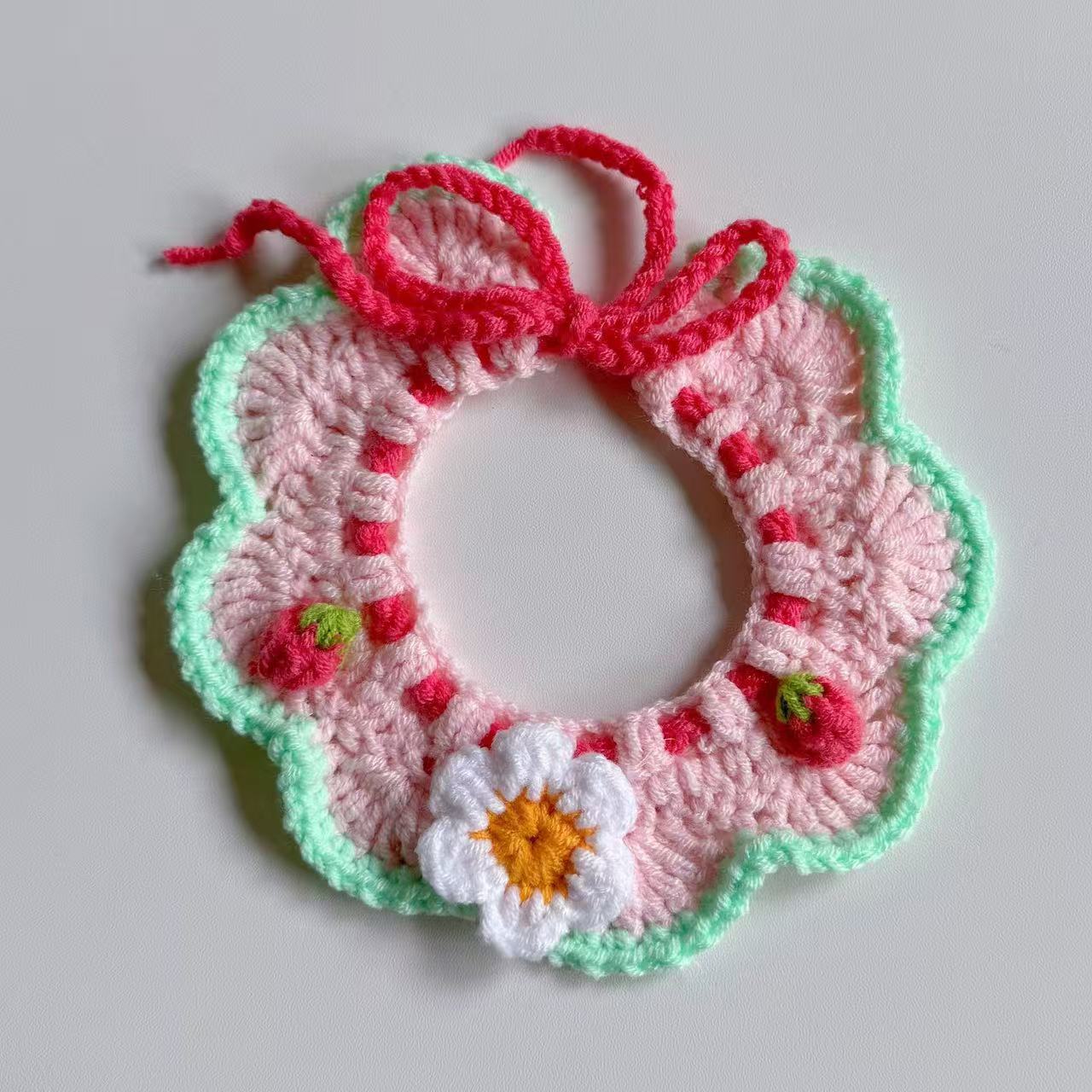 Handmade crochet pet collar with strawberry and daisy embroidery, pink ruffled edge, adjustable red tie, cute cat and dog neck accessory, custom pet bandana for small pets