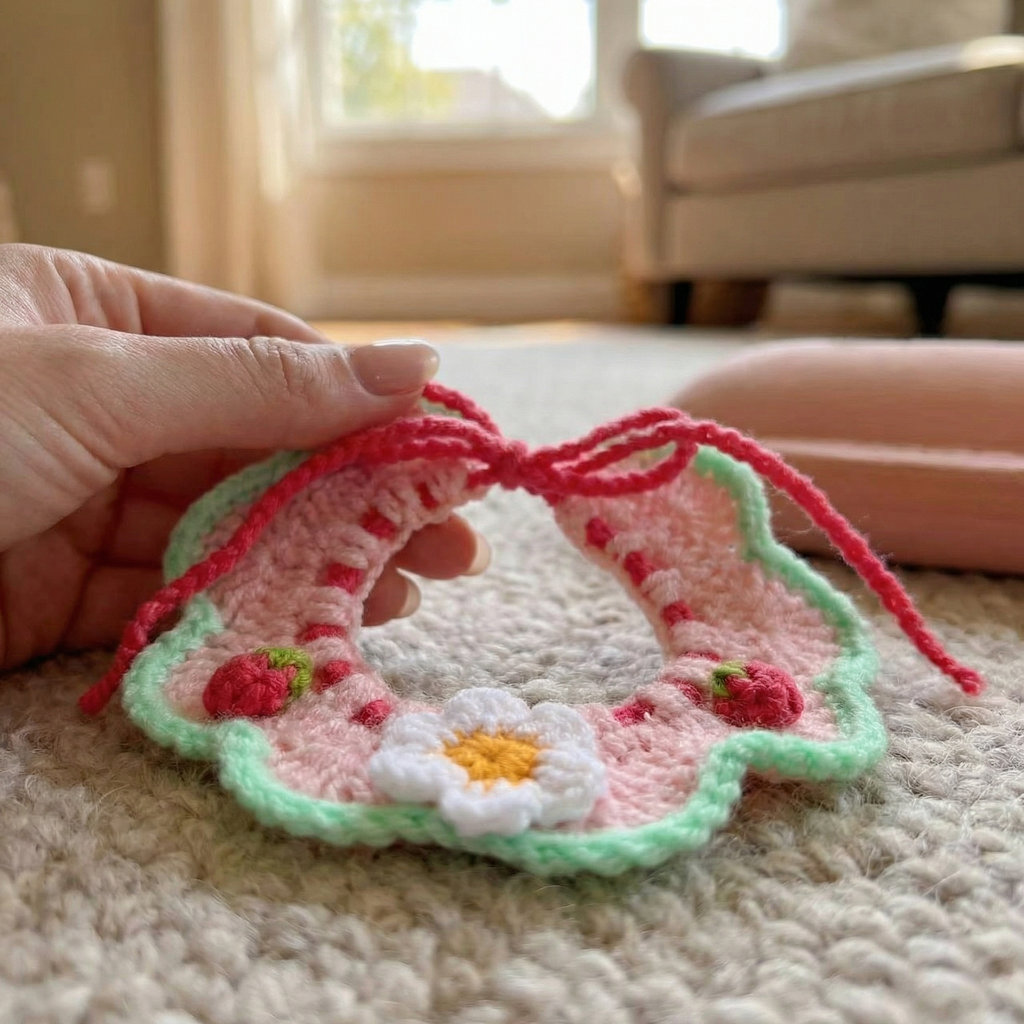 Close-up of handmade crochet strawberry daisy pet collar held by hand, showing ruffled edge, adjustable red tie, 3D strawberry and daisy embroidery, soft cotton yarn cat dog neck accessory