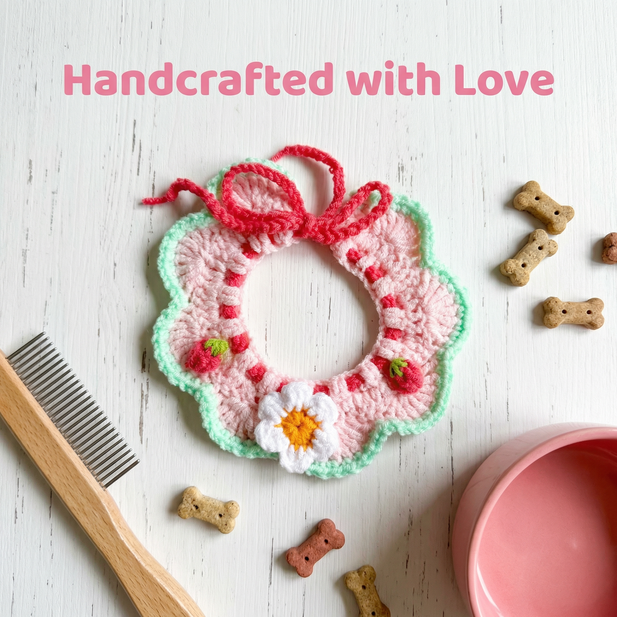 Handmade crochet strawberry daisy pet collar with dog treats and pet comb, handcrafted with love cute cat dog bandana, custom handmade pet accessories for small pets