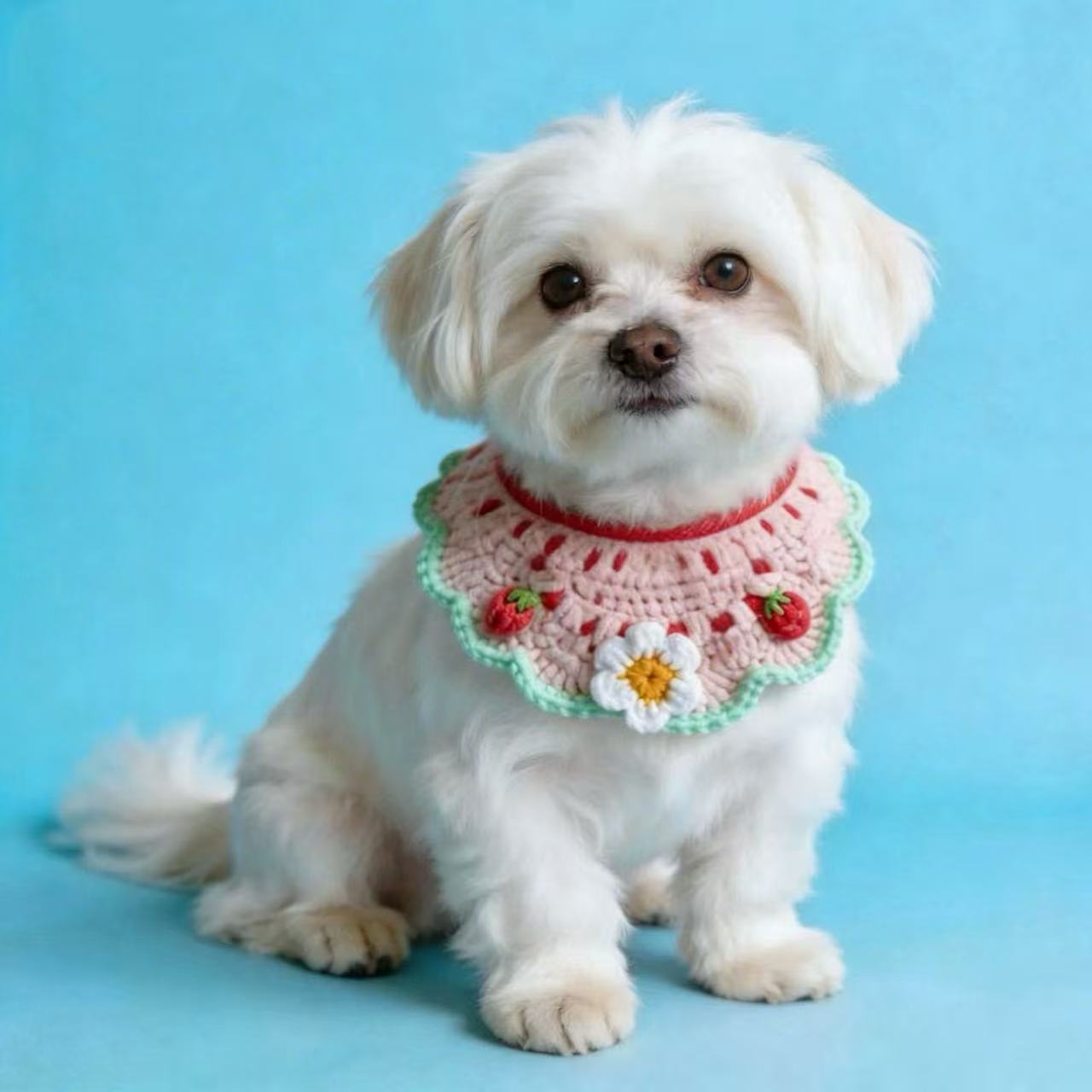 Adorable small white dog wearing handmade crochet strawberry daisy pet collar, cute pet neckwear for small dogs and cats, custom handmade pet accessories