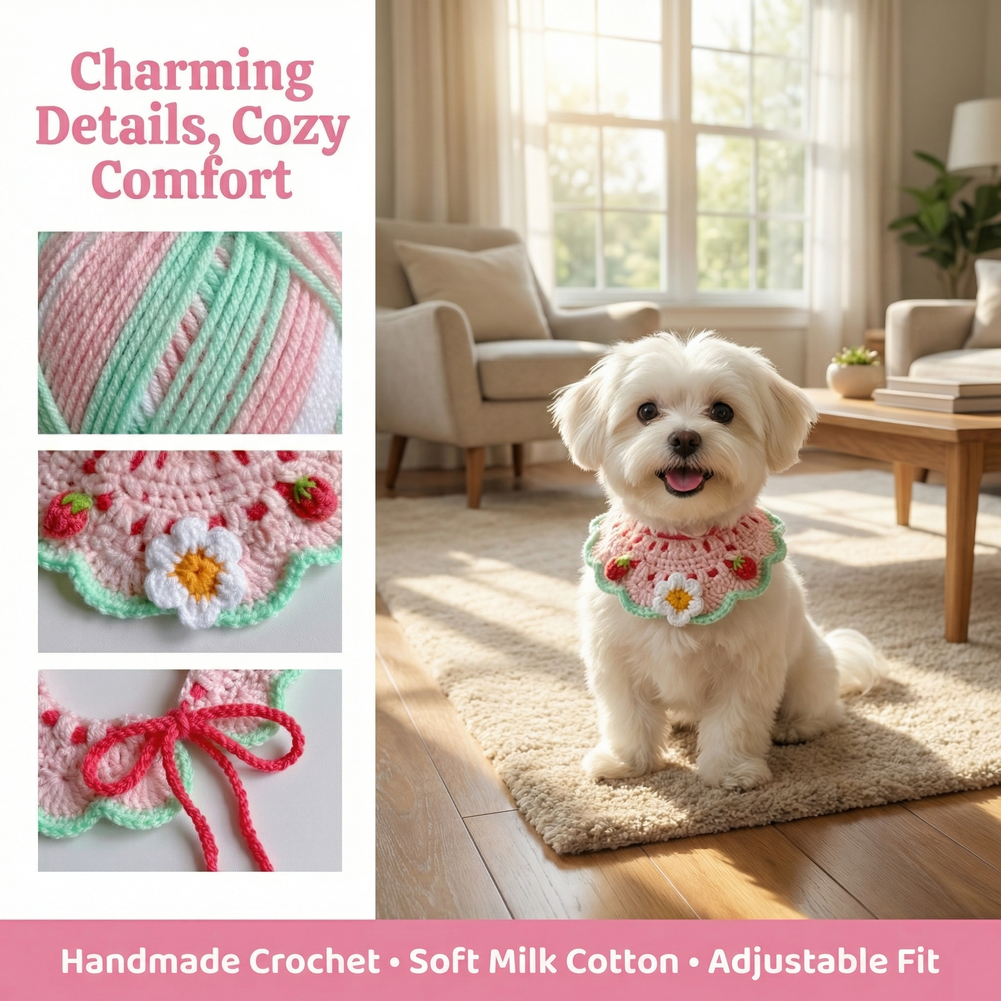 Handmade crochet strawberry daisy pet collar infographic, soft milk cotton yarn, adjustable fit, charming details for small dogs and cats, custom pet neckwear available