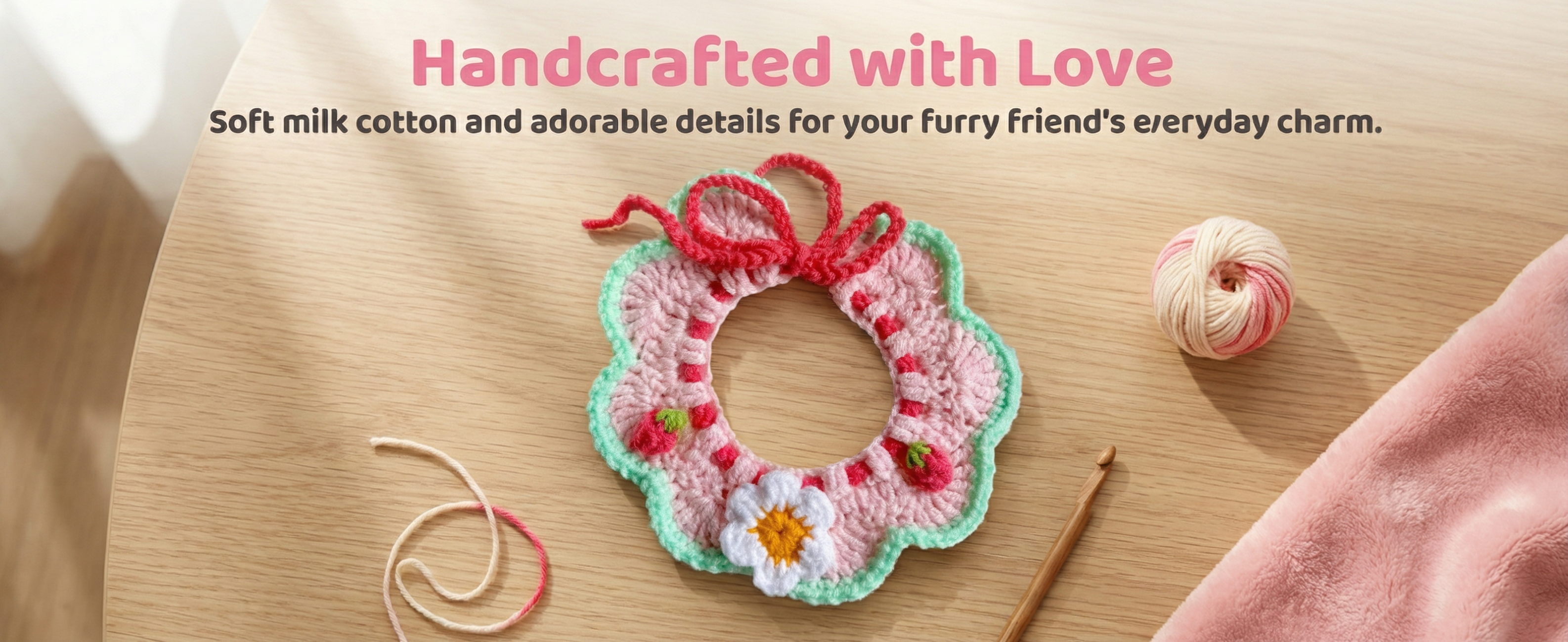 Handmade crochet strawberry daisy pet collar banner, handcrafted with love soft milk cotton cat dog bandana, custom handmade pet accessories for small dogs and cats