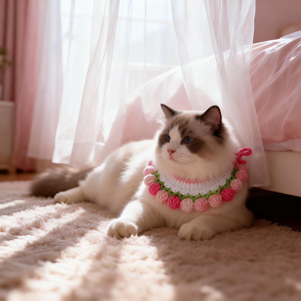 Handmade crochet tulip pet collar for cats, cute 3D flower cat bandana, soft cotton yarn adjustable cat neckwear, custom handmade pet accessories for small dogs and cats