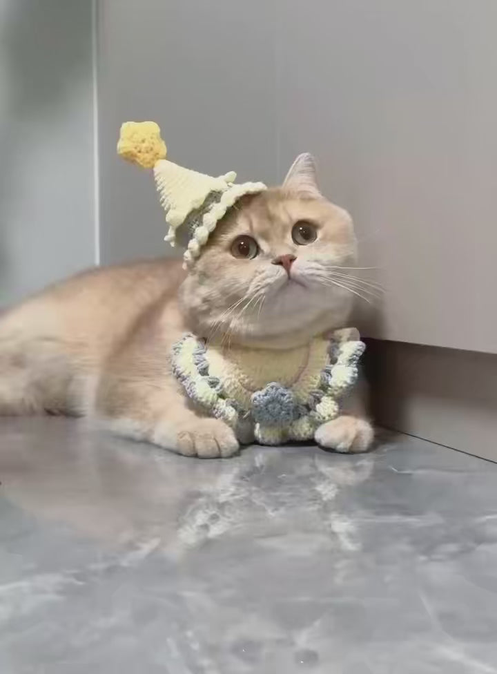 Handmade Crochet Cat Hat and Collar Set, Yellow Gray Knitted Pet Outfit for Cats, Cute Handmade Cat Costume for Kittens, Knitted Cat Accessories for Small Pets