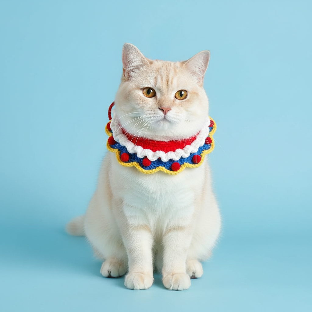 Handmade Crochet Pet Collar | Ruffled Pom Pom Trim Dog Cat Bandana Soft Adjustable