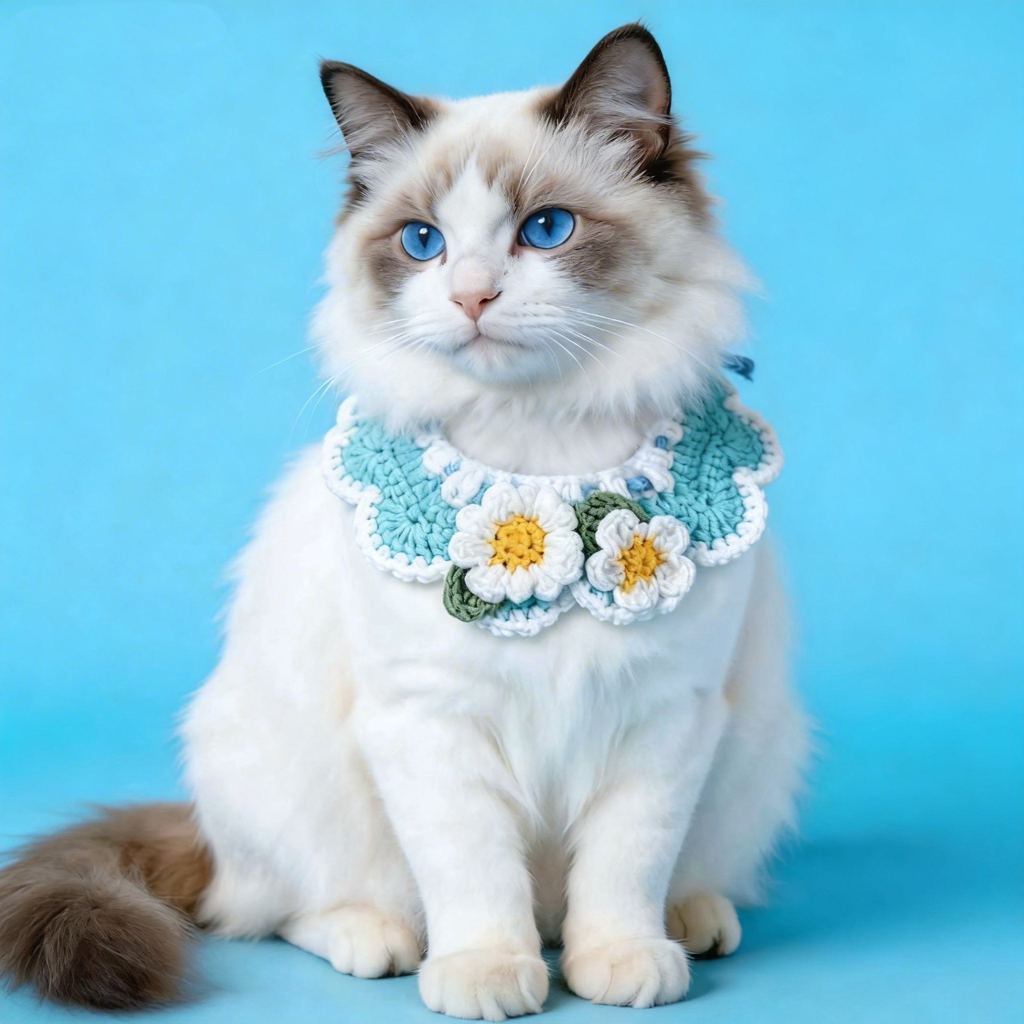 Ragdoll cat wearing handmade crochet daisy cat collar, soft cotton pet neckwear with 3D flowers, stylish cat accessory for photoshoots and everyday wear