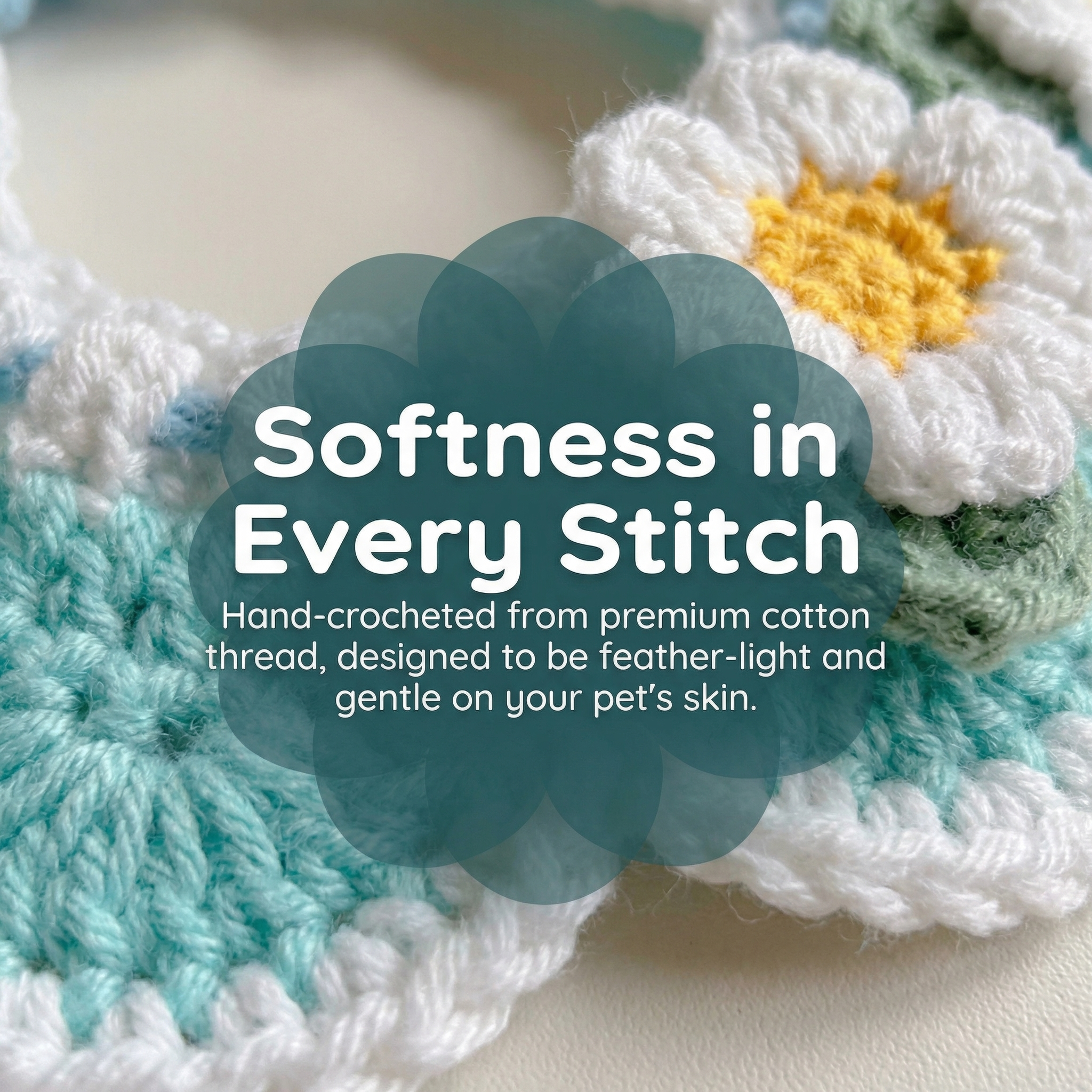 Softness in every stitch premium cotton hand-crocheted cat collar, gentle on pet skin, detailed close-up of handmade crochet daisy pet bib