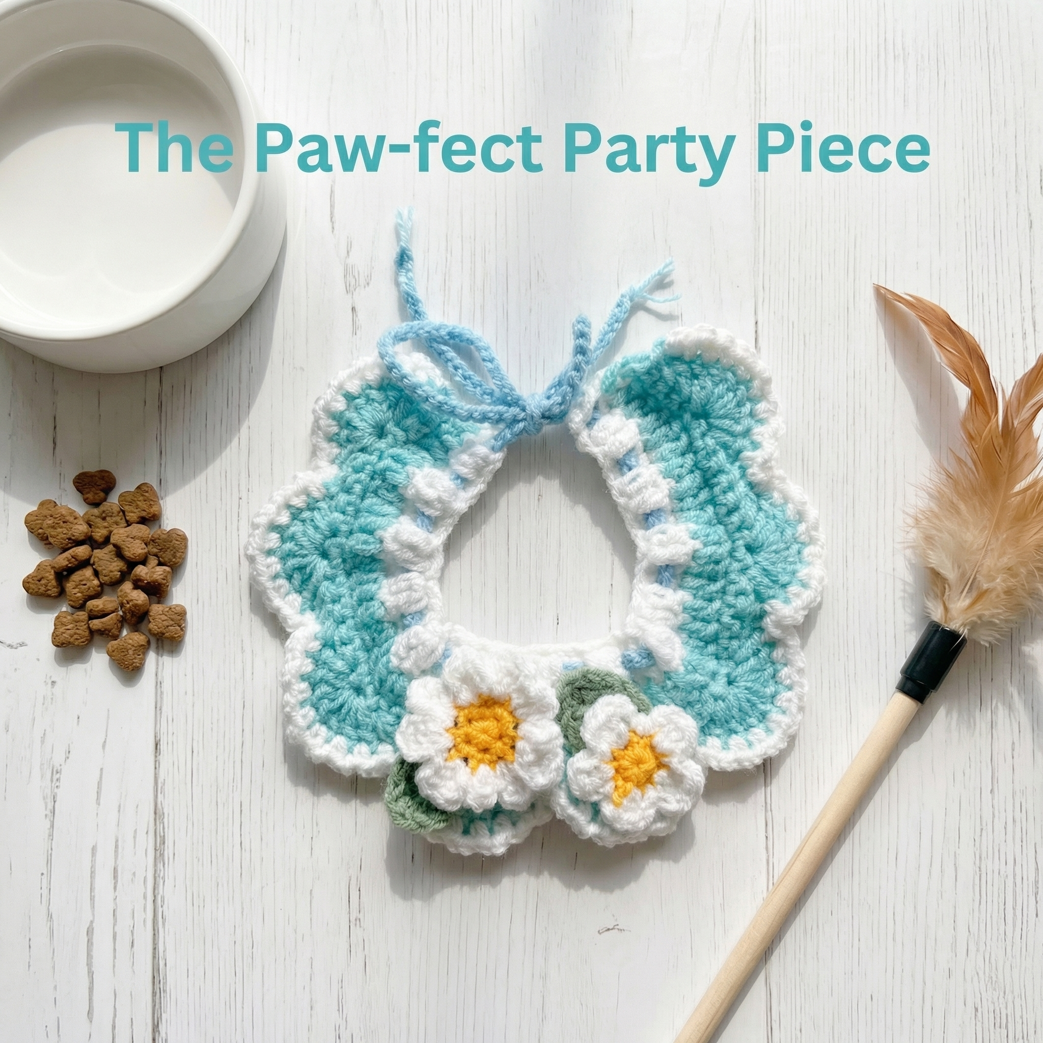 The paw-fect party piece hand-crocheted daisy cat collar, crochet pet bib for cat birthdays, handmade cat accessory for pet parties and photoshoots