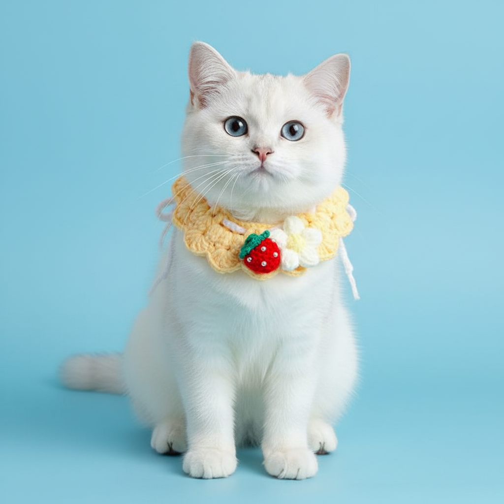 Handmade Crochet Cat Collar with Strawberry and Daisy, Cute Knitted Pet Bib for British Shorthair, 100% Cotton Handmade Cat Accessories, Adjustable Yellow Neckwear for Photoshoots