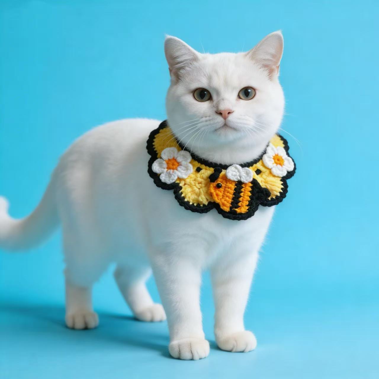 White Cat Wearing Handmade Crochet Yellow Black Bee Flower Collar, Cute Knitted Pet Neckwear for Cats & Small Dogs, Custom Handmade Pet Accessories Available, Perfect for Photo Shoots and Gifts