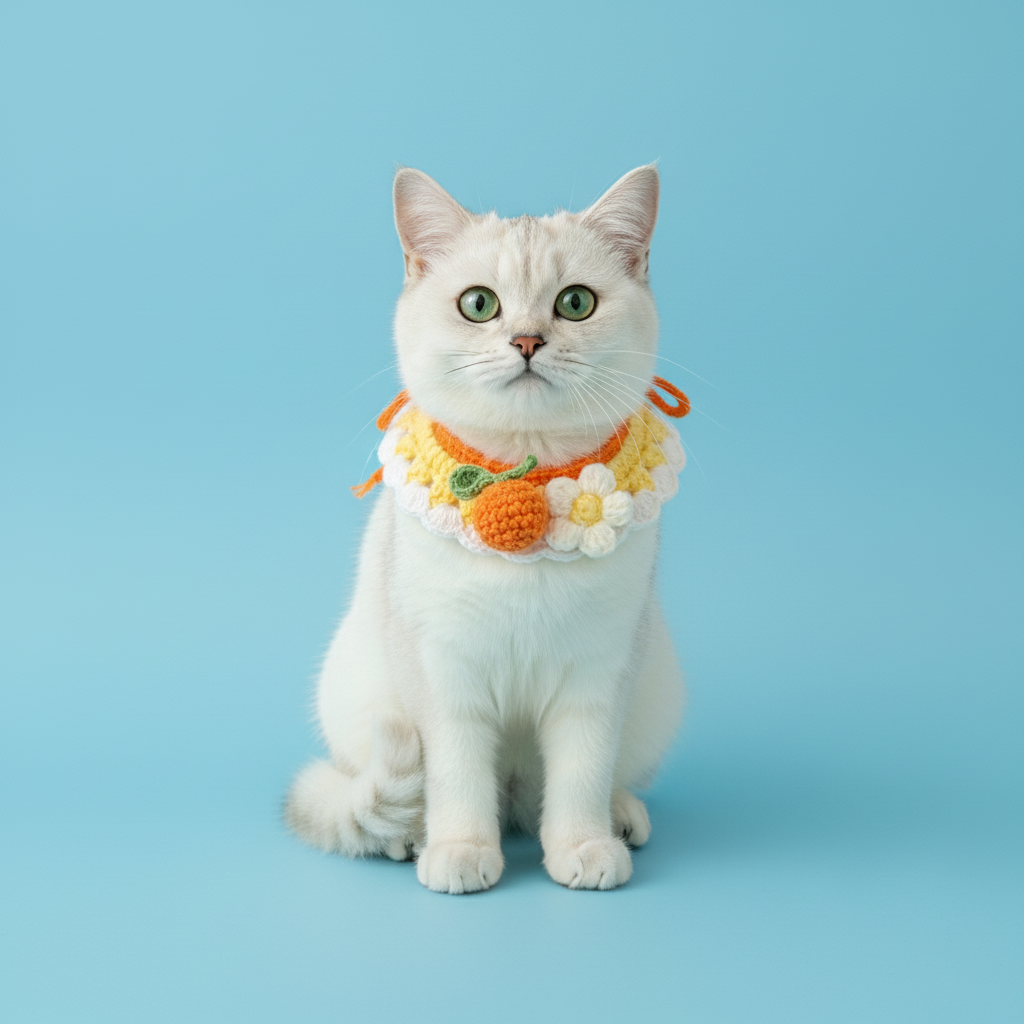 Handmade Crochet Cat Collar with Orange and Daisy, Cute Knitted Pet Bib for British Shorthair, 100% Cotton Handmade Cat Accessories, Adjustable Yellow White Neckwear